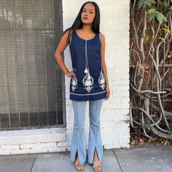 Gap navy blue and white embroidered bohemian tunic tank top sz xs - Picture 2 of 4
